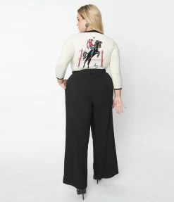 Unique Vintage Plus Size Black & Floral Embroidery High Waist Pants Clothing