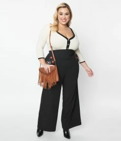 Unique Vintage Plus Size Black & Floral Embroidery High Waist Pants Clothing