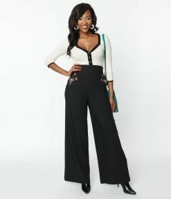 Unique Vintage Black & Floral Embroidery High Waist Pants