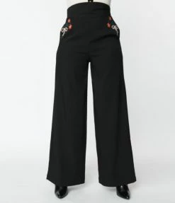 Unique Vintage Black & Floral Embroidery High Waist Pants