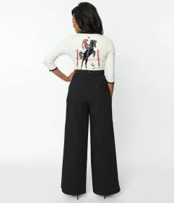 Unique Vintage Black & Floral Embroidery High Waist Pants