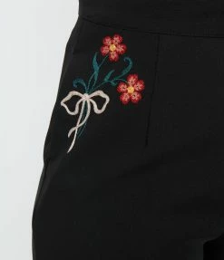 Unique Vintage Black & Floral Embroidery High Waist Pants