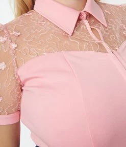 Unique Vintage Plus Size Light Pink & Floral Mesh Sweetheart Top Clothing