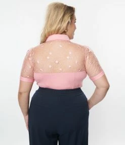 Unique Vintage Plus Size Light Pink & Floral Mesh Sweetheart Top Clothing