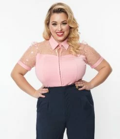 Unique Vintage Plus Size Light Pink & Floral Mesh Sweetheart Top Clothing