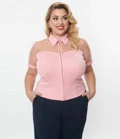 Unique Vintage Plus Size Light Pink & Floral Mesh Sweetheart Top Clothing