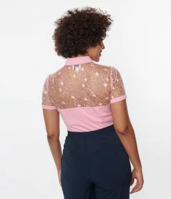 Unique Vintage Light Pink & Floral Mesh Sweetheart Top Clothing