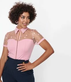 Unique Vintage Light Pink & Floral Mesh Sweetheart Top Clothing