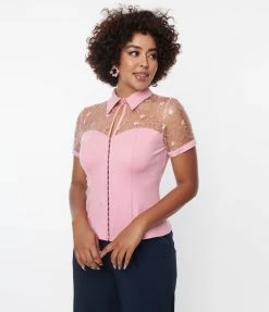 Unique Vintage Light Pink & Floral Mesh Sweetheart Top Clothing