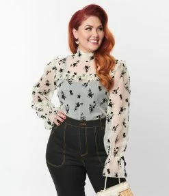 Unique Vintage Plus Size Ivory & Black Floral Lace Donna Blouse Tops