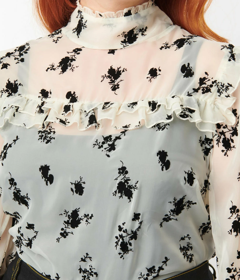 Unique Vintage Plus Size Ivory & Black Floral Lace Donna Blouse Tops