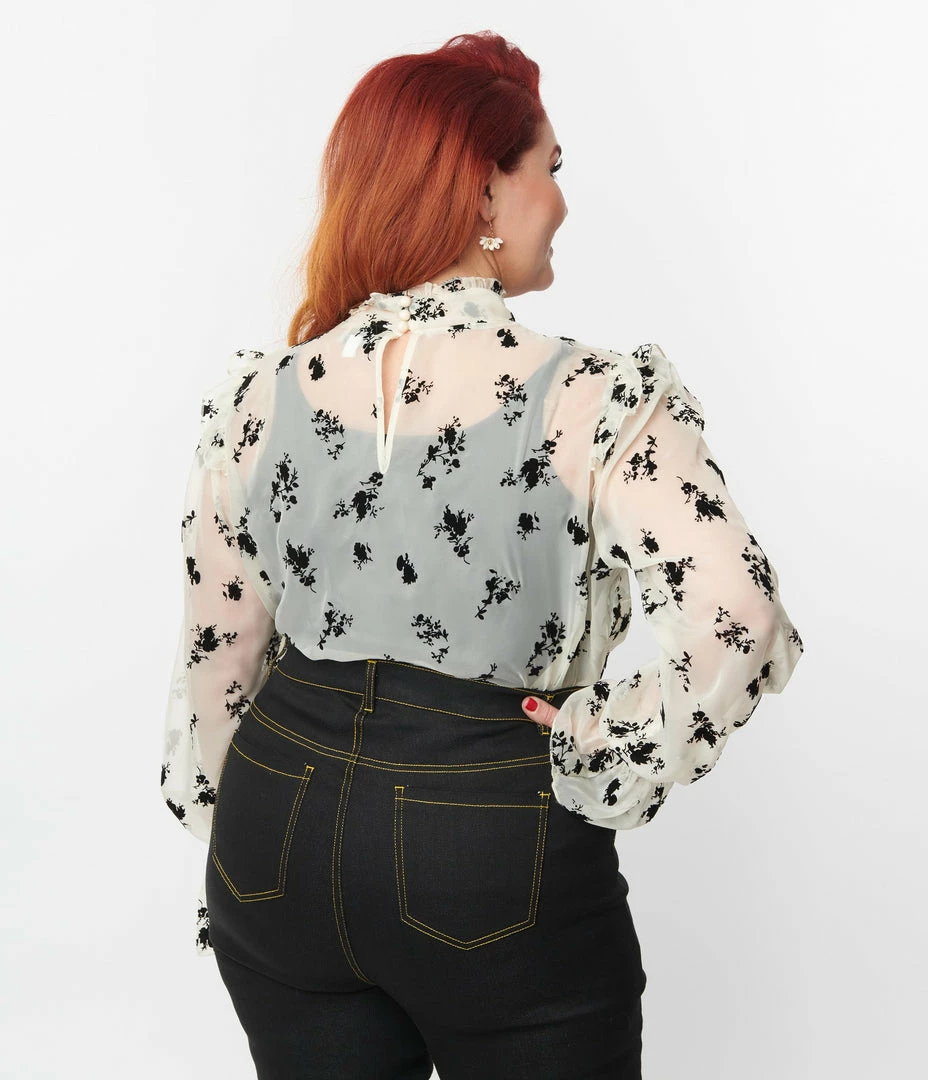 Unique Vintage Plus Size Ivory & Black Floral Lace Donna Blouse Tops