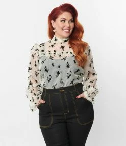Unique Vintage Plus Size Ivory & Black Floral Lace Donna Blouse Tops