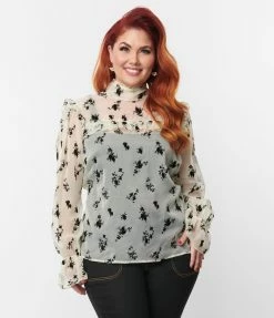 Unique Vintage Plus Size Ivory & Black Floral Lace Donna Blouse Tops