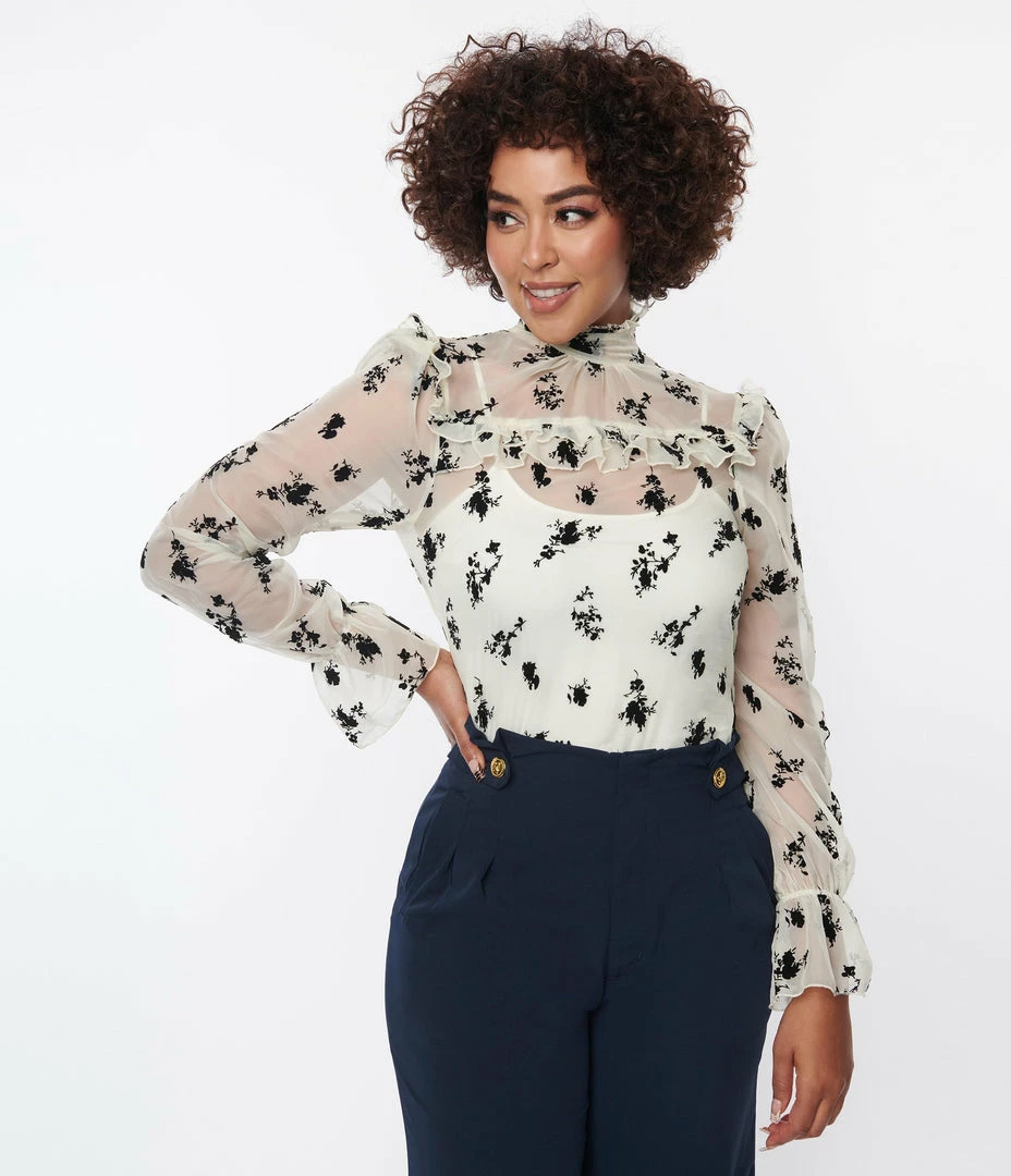 Unique Vintage Ivory & Black Floral Lace Donna Blouse