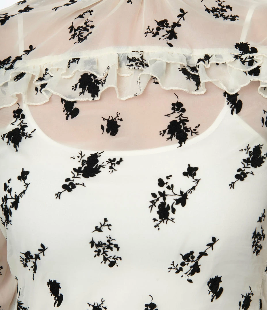 Unique Vintage Ivory & Black Floral Lace Donna Blouse