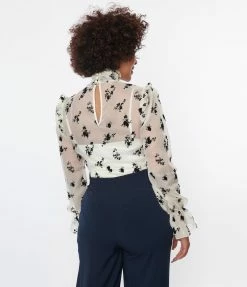 Unique Vintage Ivory & Black Floral Lace Donna Blouse