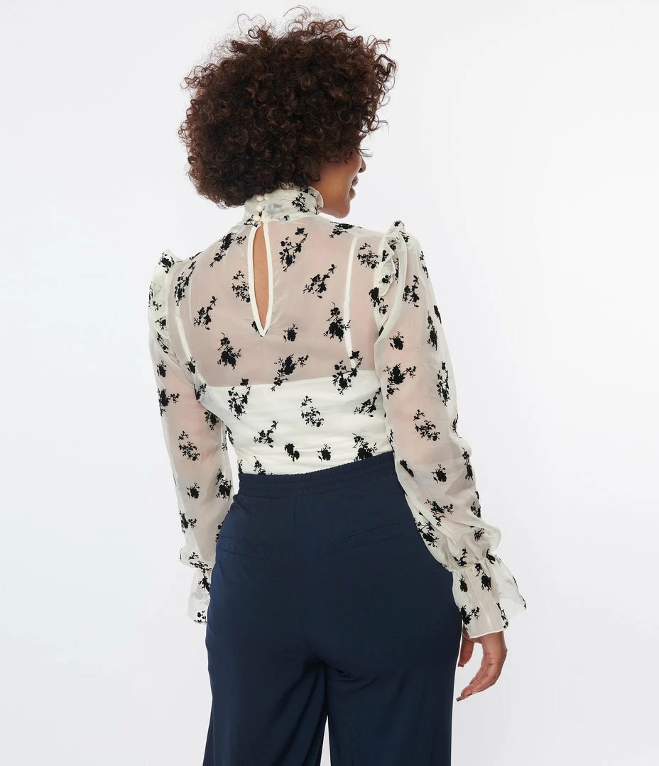 Unique Vintage Ivory & Black Floral Lace Donna Blouse