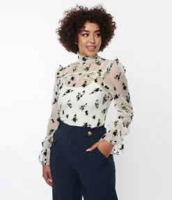 Unique Vintage Ivory & Black Floral Lace Donna Blouse