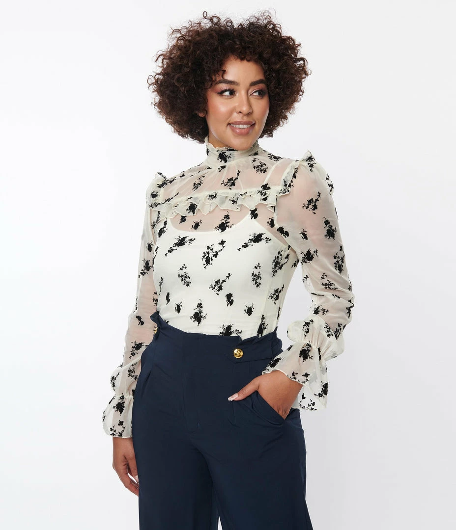 Unique Vintage Ivory & Black Floral Lace Donna Blouse