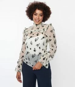 Unique Vintage Ivory & Black Floral Lace Donna Blouse