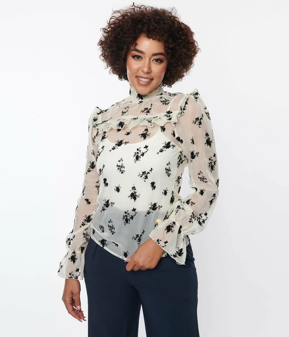 Unique Vintage Ivory & Black Floral Lace Donna Blouse
