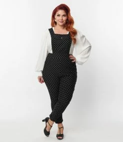 Clothing Unique Vintage Plus Size Black & White Pin Dot Skinny Leg Overalls
