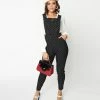 Unique Vintage Black & White Pin Dot Skinny Leg Overalls Clothing