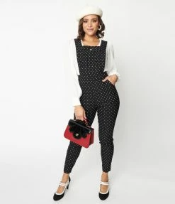 Unique Vintage Black & White Pin Dot Skinny Leg Overalls Clothing