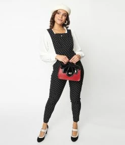 Unique Vintage Black & White Pin Dot Skinny Leg Overalls Clothing