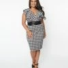 Clothing Unique Vintage Plus Size Grey & Black Plaid V-Neck Ruffle Wiggle Dress