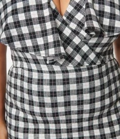 Clothing Unique Vintage Plus Size Grey & Black Plaid V-Neck Ruffle Wiggle Dress