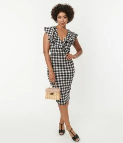 Unique Vintage Grey & Black Plaid V-Neck Ruffle Wiggle Dress