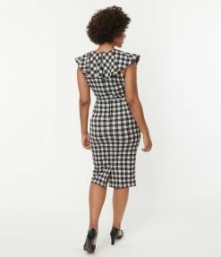 Unique Vintage Grey & Black Plaid V-Neck Ruffle Wiggle Dress