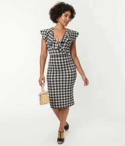 Unique Vintage Grey & Black Plaid V-Neck Ruffle Wiggle Dress