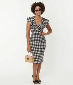 Unique Vintage Grey & Black Plaid V-Neck Ruffle Wiggle Dress