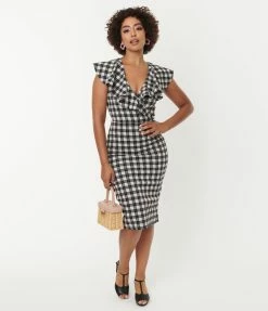 Unique Vintage Grey & Black Plaid V-Neck Ruffle Wiggle Dress