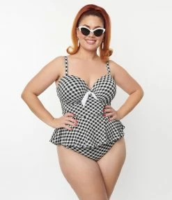 Unique Vintage Plus Size Black & White Gingham Solana Tankini Swim Top
