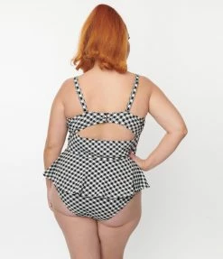 Unique Vintage Plus Size Black & White Gingham Solana Tankini Swim Top