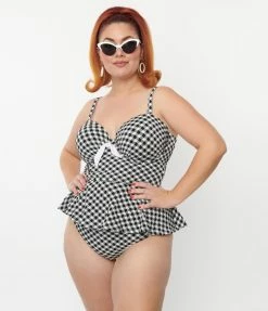 Unique Vintage Plus Size Black & White Gingham Solana Tankini Swim Top