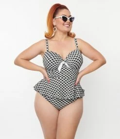 Unique Vintage Plus Size Black & White Gingham Solana Tankini Swim Top