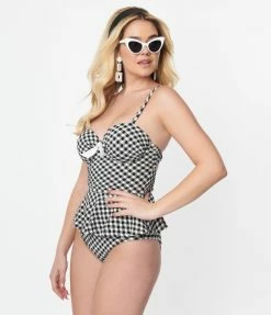 Unique Vintage Black & White Gingham Solana Tankini Swim Top New Arrivals!