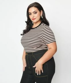 Unique Vintage Plus Size Black & Pink Striped Back To Basics Top
