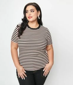 Unique Vintage Plus Size Black & Pink Striped Back To Basics Top