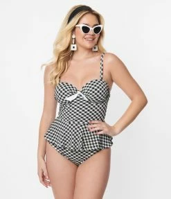Unique Vintage Black & White Gingham Daphne Swim Bottoms New Arrivals!