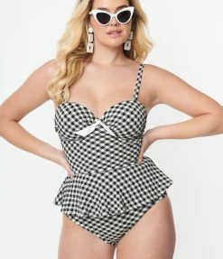 Unique Vintage Black & White Gingham Daphne Swim Bottoms New Arrivals!