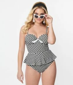 Unique Vintage Black & White Gingham Daphne Swim Bottoms New Arrivals!