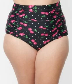 Unique Vintage Plus Size Black & Hot Pink Cherry Pin Dot Monroe Swim Bottom New Arrivals!
