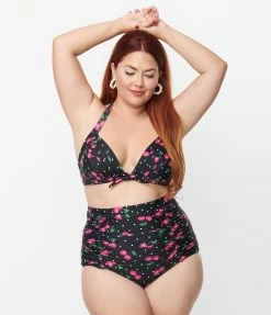 Unique Vintage Plus Size Black & Hot Pink Cherry Pin Dot Monroe Swim Bottom New Arrivals!