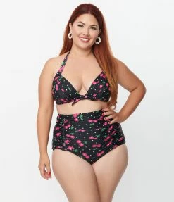 Unique Vintage Plus Size Black & Hot Pink Cherry Pin Dot Monroe Swim Bottom New Arrivals!